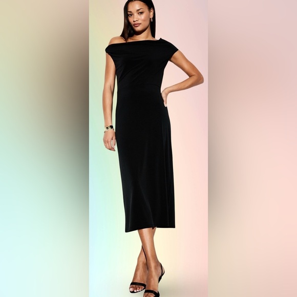 NWTS💓THE OCCASION M💓ELITE OLD NAVY LINE LUSTROUS BLACK ONE SHOULDER MIDI DRESS - Picture 9 of 14